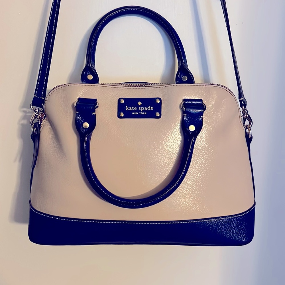 Kate Spade Rachelle Wellesley Small Color
Block Blue Cream Beige Leather Satchel